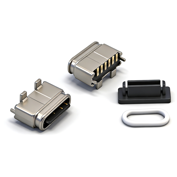 防水TYPE C母座6PIN 立式四脚插板SMT L=6.4 舌片外露 带贴板脚 锌合金