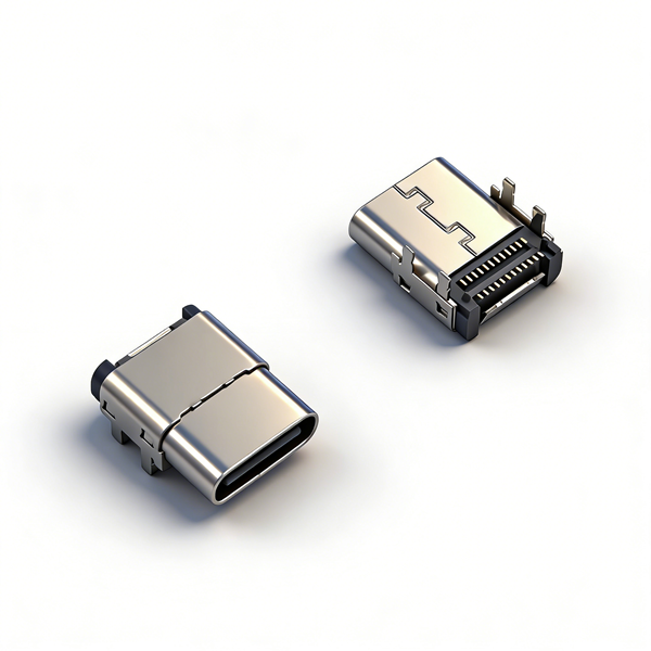 TYPE C母座24PIN 板上四脚插板SMT+SMT L=12.4 双外壳 三模 有柱 无弹