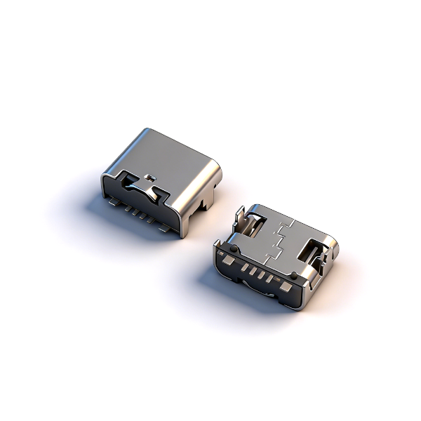 TYPE C母座6PIN 板上四脚插板SMT L=6.5 带数据外壳脚长1.0 有柱 201 黄铜 LCP 黑色 编带-模型