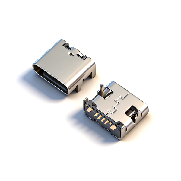 TYPE C母座6PIN 板上四脚插板SMT L=7.35 带数据 带数据 外壳脚长1.0 有柱 201 黄铜 LCP 黑色 编带