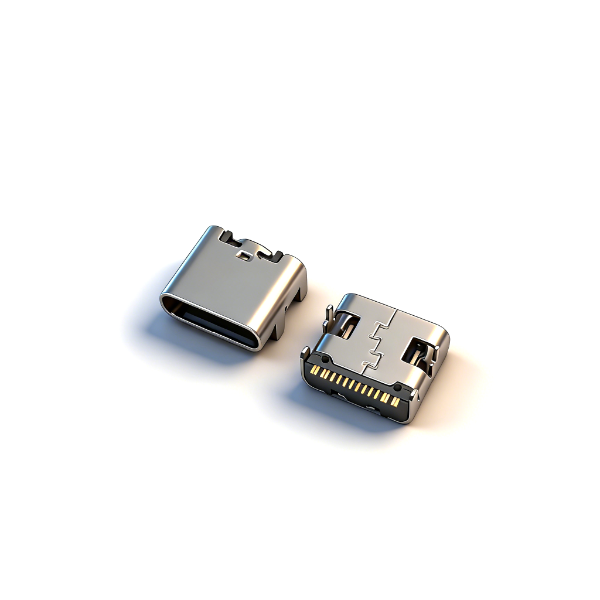 TYPE C母座16PIN 板上四脚插板SMT L=7.35 三模 外壳脚长1.0 有柱 201 黄铜5A LCP 黑色 无弹 编带111-模型