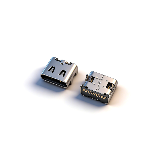 TYPE C母座16PIN 板上四脚插板SMT L=7.35 三模 有柱 有弹