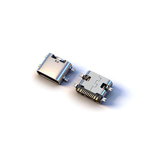 TYPE C母座16PIN 板上四脚全贴SMT L=7.35 三模 外壳脚长1.0 有柱 201 黄铜5A LCP 黑色 无弹 编带