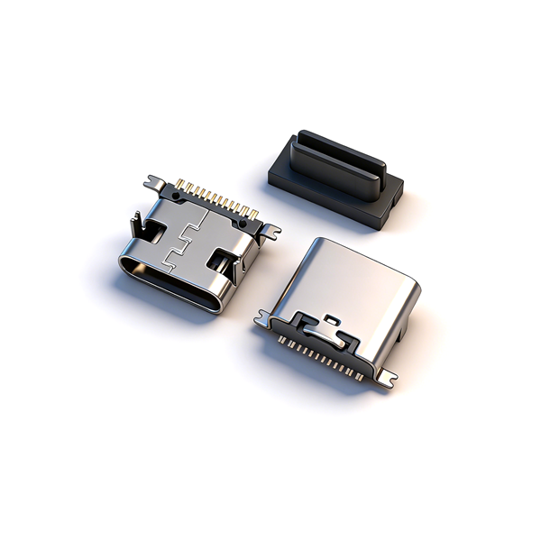 TYPE C母座16PIN 板上前插后贴SMT L=7.35三模 外壳脚长1.0 有柱 201 黄铜5A LCP 黑色 无弹 编带-模型