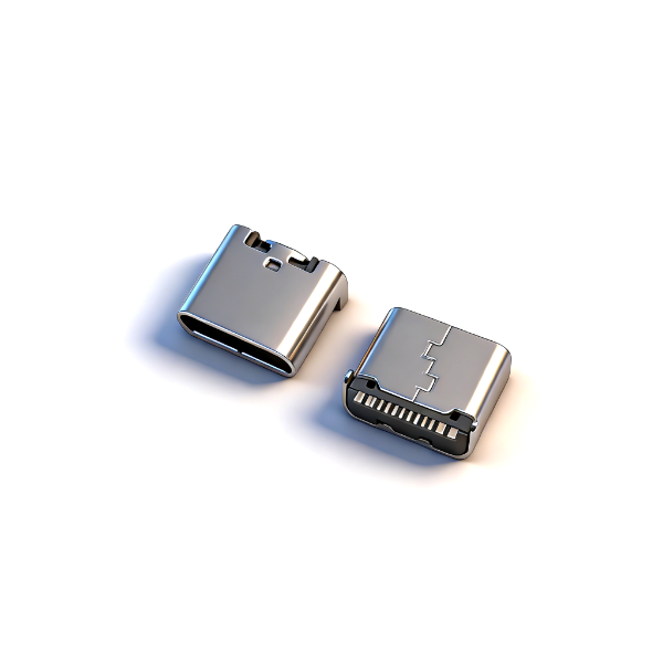 TYPE C母座16PIN 板上后两脚插板SMT L=7.35 三模 带中夹片 有柱 无弹