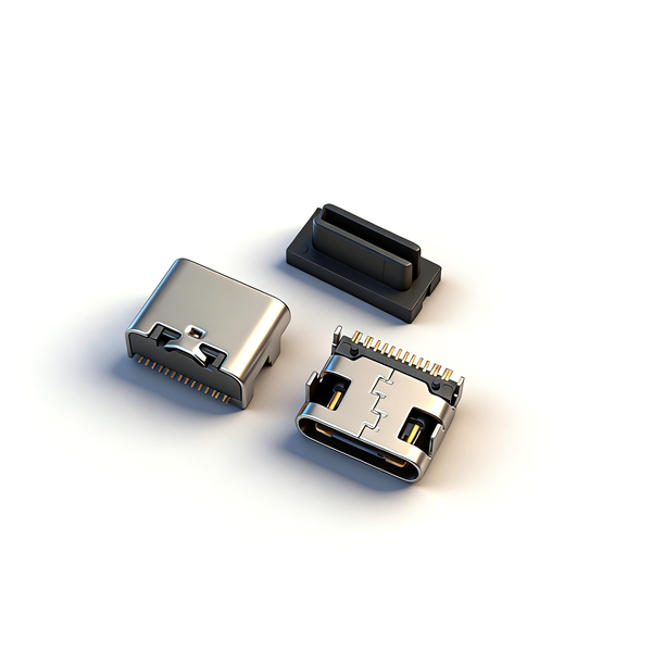 TYPE C母座16PIN 板上四脚插板SMT L=6.5 三模 外壳脚长1.0 有柱 201 黄铜5A LCP 黑色 无弹 编带-模型