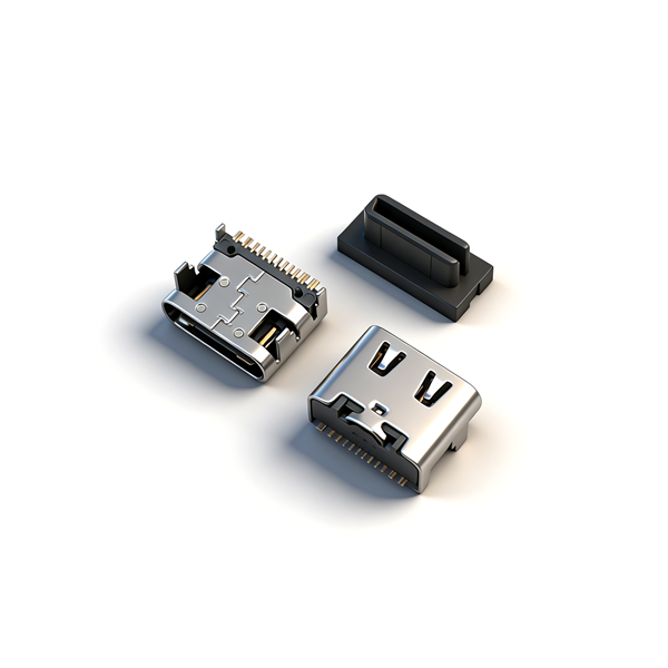 TYPE C母座16PIN 板上四脚插板SMT L=6.5 三模 有柱 带中夹片 有弹