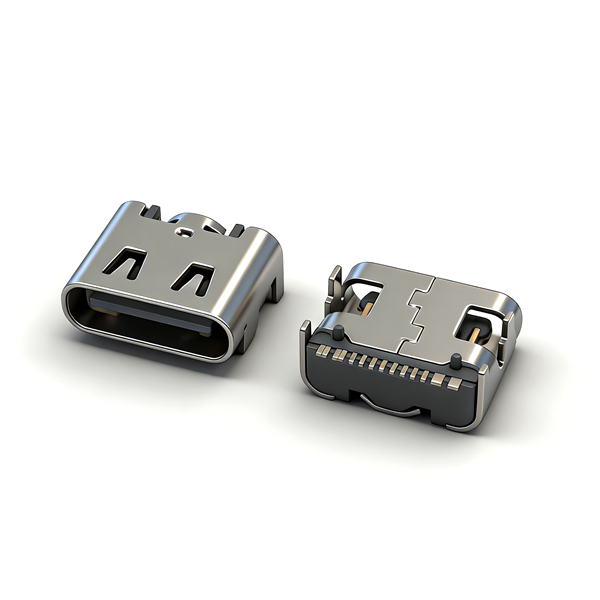 TYPE C母座16PIN 板上四脚插板SMT L=6.8 三模 有柱 带中夹片 有弹