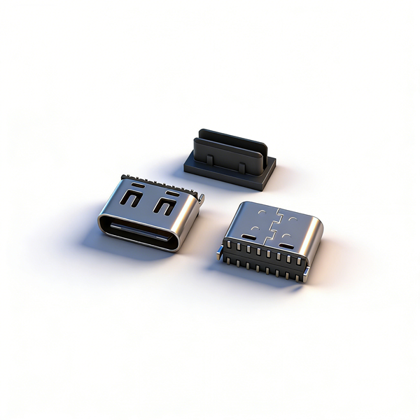 TYPE C母座16PIN 立式两脚插板SMT L=6.0 三模 带中夹片 有弹