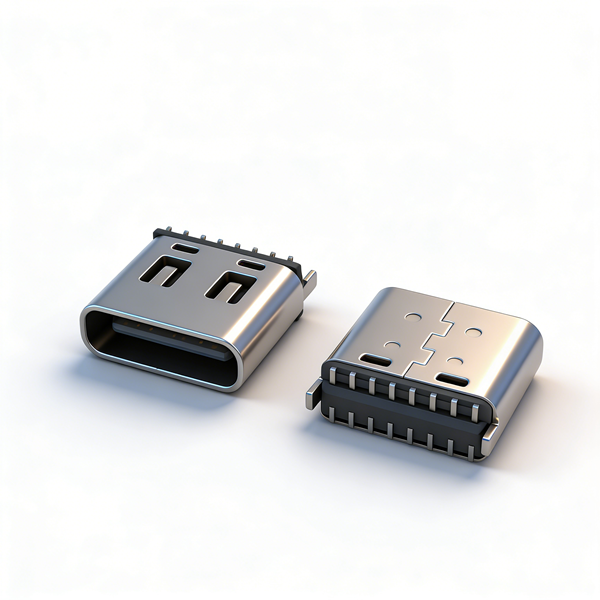 TYPE C母座16PIN 立式两脚插板SMT L=6.8 三模 带中夹片 有弹