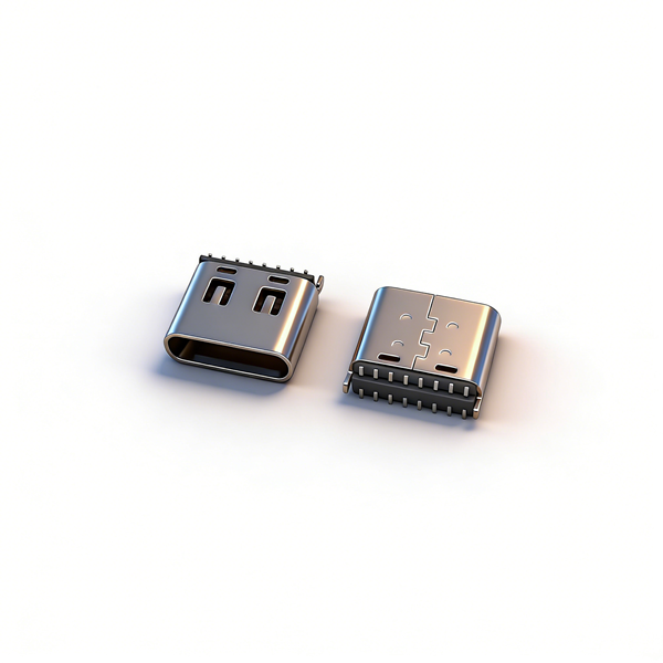 TYPE C母座16PIN 立式两脚插板SMT L=7.4 三模 带中夹片 有弹