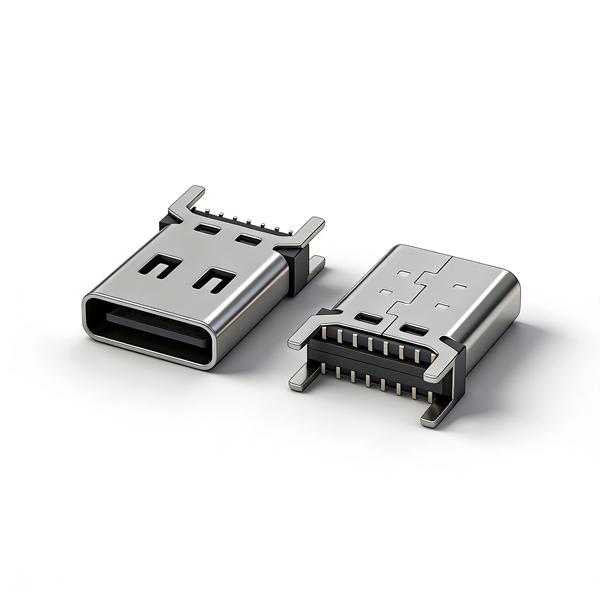 TYPE C母座16PIN 立式四脚插板SMT L=10.5 三模 带中夹片 有弹