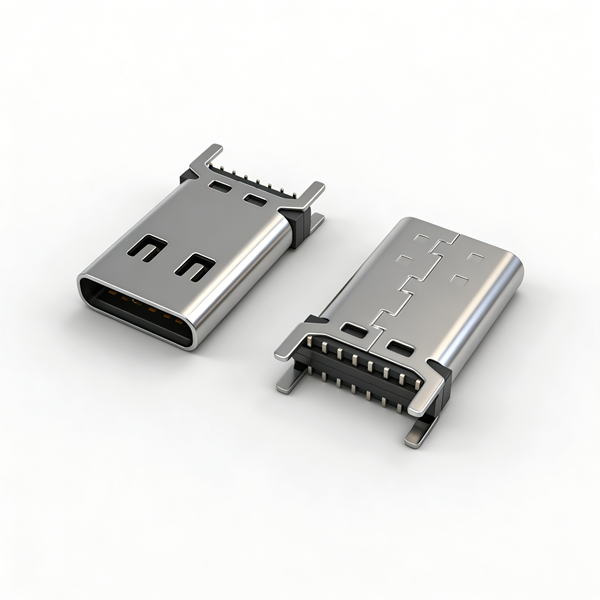 TYPE C母座16PIN 立式四脚插板SMT L=13.7 三模 带中夹片 有弹