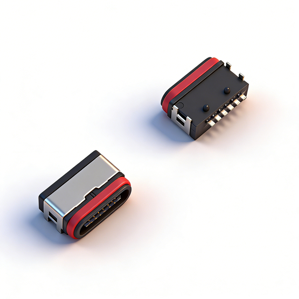 防水TYPE C母座6PIN 板上四脚插板SMT L=6.7 全塑半包型  全塑半包型 外壳脚长0.8 引脚长0.6 IP67 编带-模型