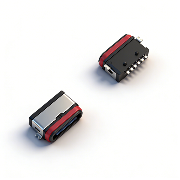 防水TYPE C母座6PIN 板上两脚全贴SMT L=6.7 全塑半包型 外壳脚长0.8 引脚长1.2 IPX67 编带