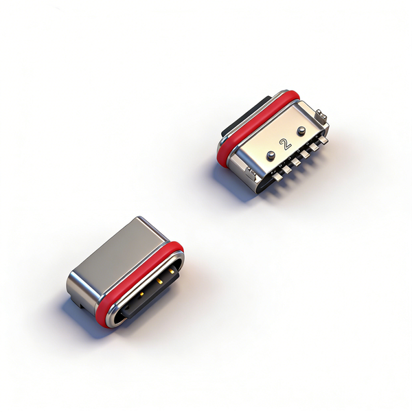 防水TYPE C母座6PIN 板上两脚插板SMT L=5.7 舌片外露 锌合金 外壳脚长0.65 引脚长0.6 IP67 编带