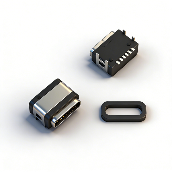 防水TYPE C母座6PIN 板上四脚插板SMT L=7.85 全塑  外壳脚长1.2 引脚长0.55 IPX67 编带-模型