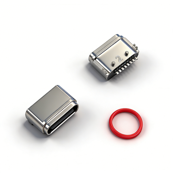防水TYPE C母座8PIN 板上后两脚插板SMT L=6.35 锌合金 外壳脚长0.7 引脚长1.35 IPX67 编带