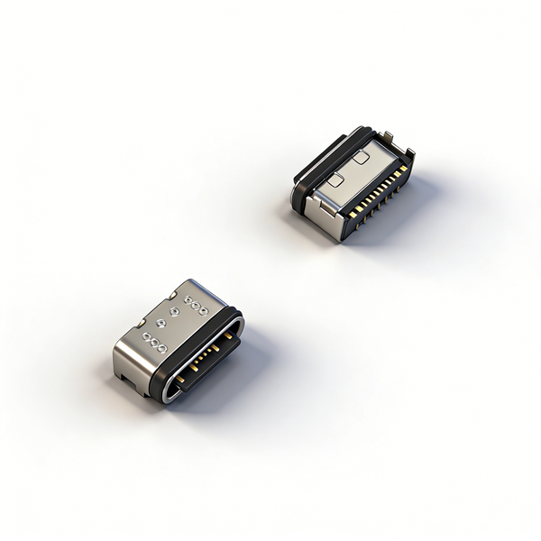 防水TYPE C母座16PIN 板上四脚插板SMT L=5.45 双外壳 舌片外露 锌合金 外壳脚长0.75 引脚长0.52 IPX65 编带