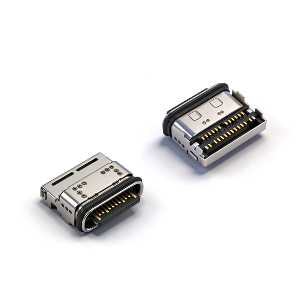 防水TYPE C母座24PIN 板上四脚插板SMT+SMT L=8.65 舌片外露  不带凸点15U+5U 锌合金 外壳脚长0.5 引脚长0.36 IPX8 编带