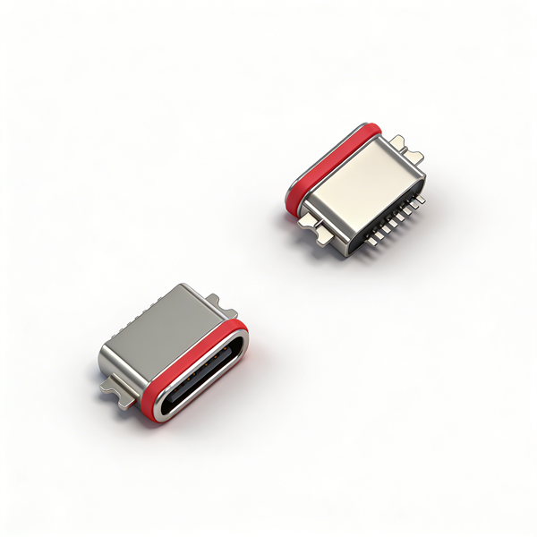 防水TYPE C母座8PIN 沉板0.8 两脚全贴SMT L=6.7 锌合金 外壳脚长1.35 引脚长1.5 IPX7 编带