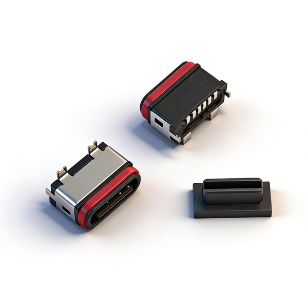 防水TYPE C母座6PIN 立式两脚插板SMT L=6.8 带贴板脚 全塑 外壳脚长0.7 IPX7 编带