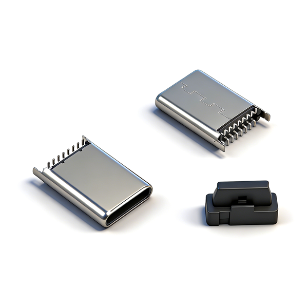 TYPE C公头16PIN 立式两脚插板SMT L=10.5 铆合 外壳脚长1.1 201 黄铜 LCP 黑胶 无弹 编带