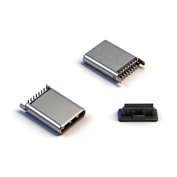 TYPE C公头16PIN 立式两脚插板SMT L=10.0 铆合 外壳脚长1.1 201 黄铜 LCP 黑胶 无弹 编带