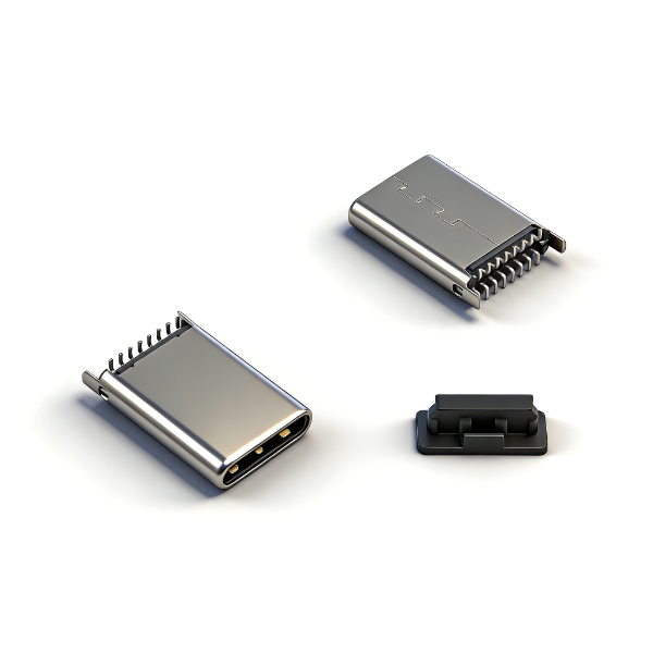 TYPE C公头16PIN 立式两脚插板SMT L=11.0 铆合 外壳脚长1.1 201 黄铜 LCP 黑胶 无弹 编带